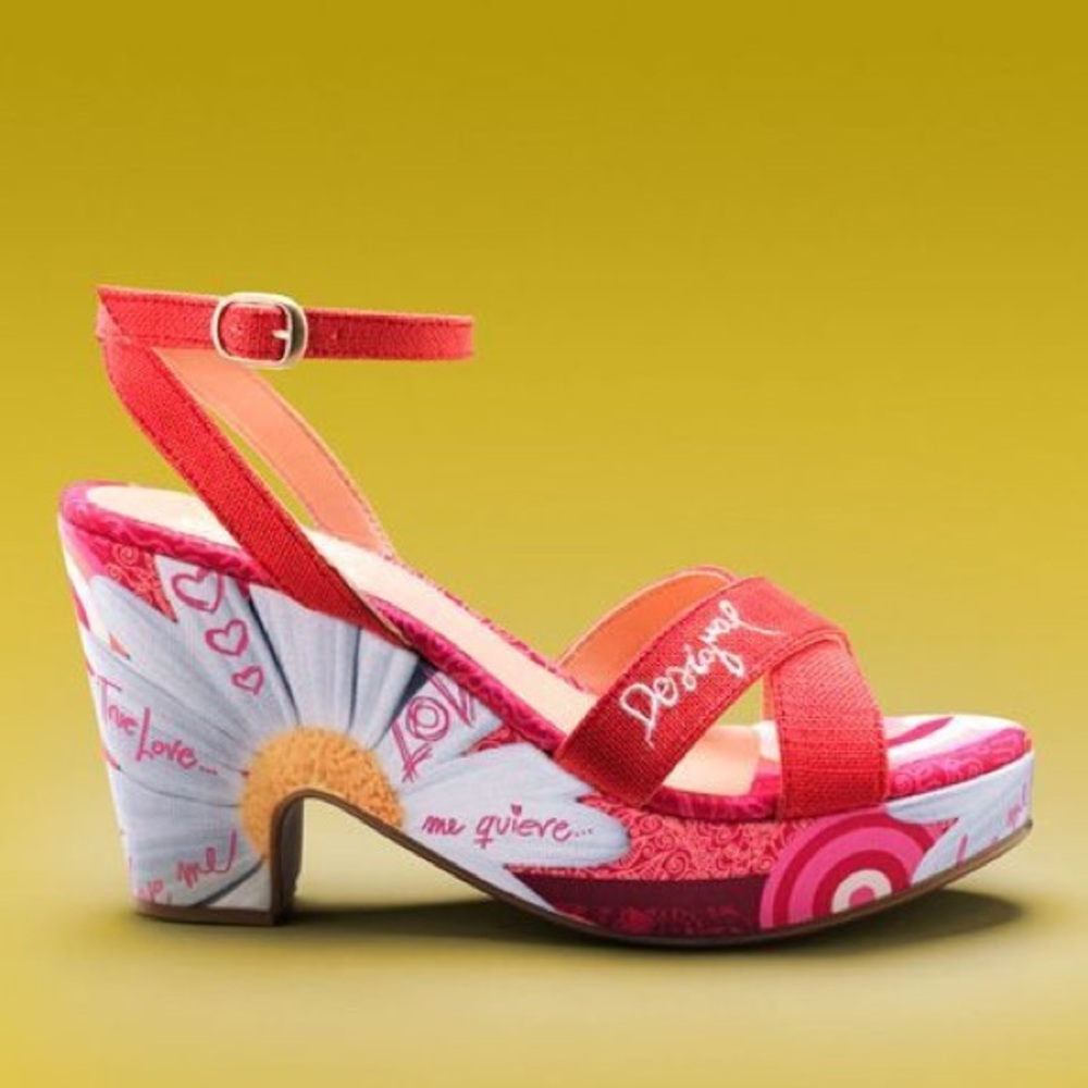 Desigual Red Pink Floral Graphic Platform Sandals